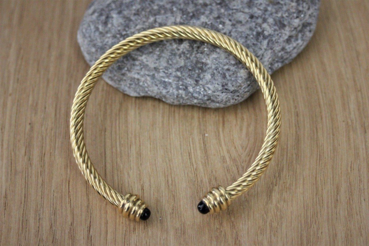 Bracelet jonc acier inoxydable doré et pierres onyx noir - Emmafashionstyle